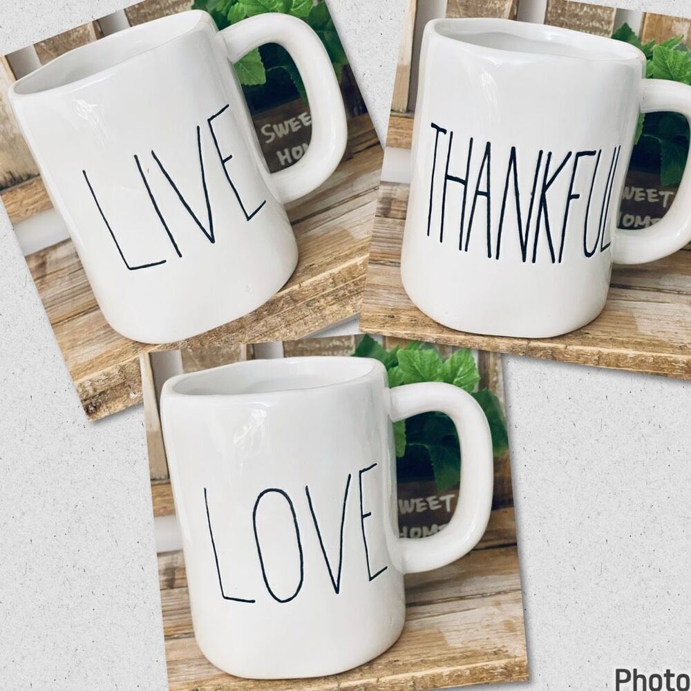 NWT Gorgeous 3 LIVE THANKFUL LOVE White Black Graphic Glossy CeramIc Mugs Set